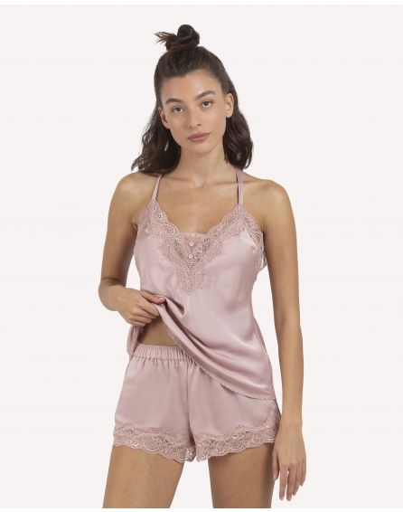 סט בייבי דול סאטן בשילוב תחרה  מכנסון וגופייה